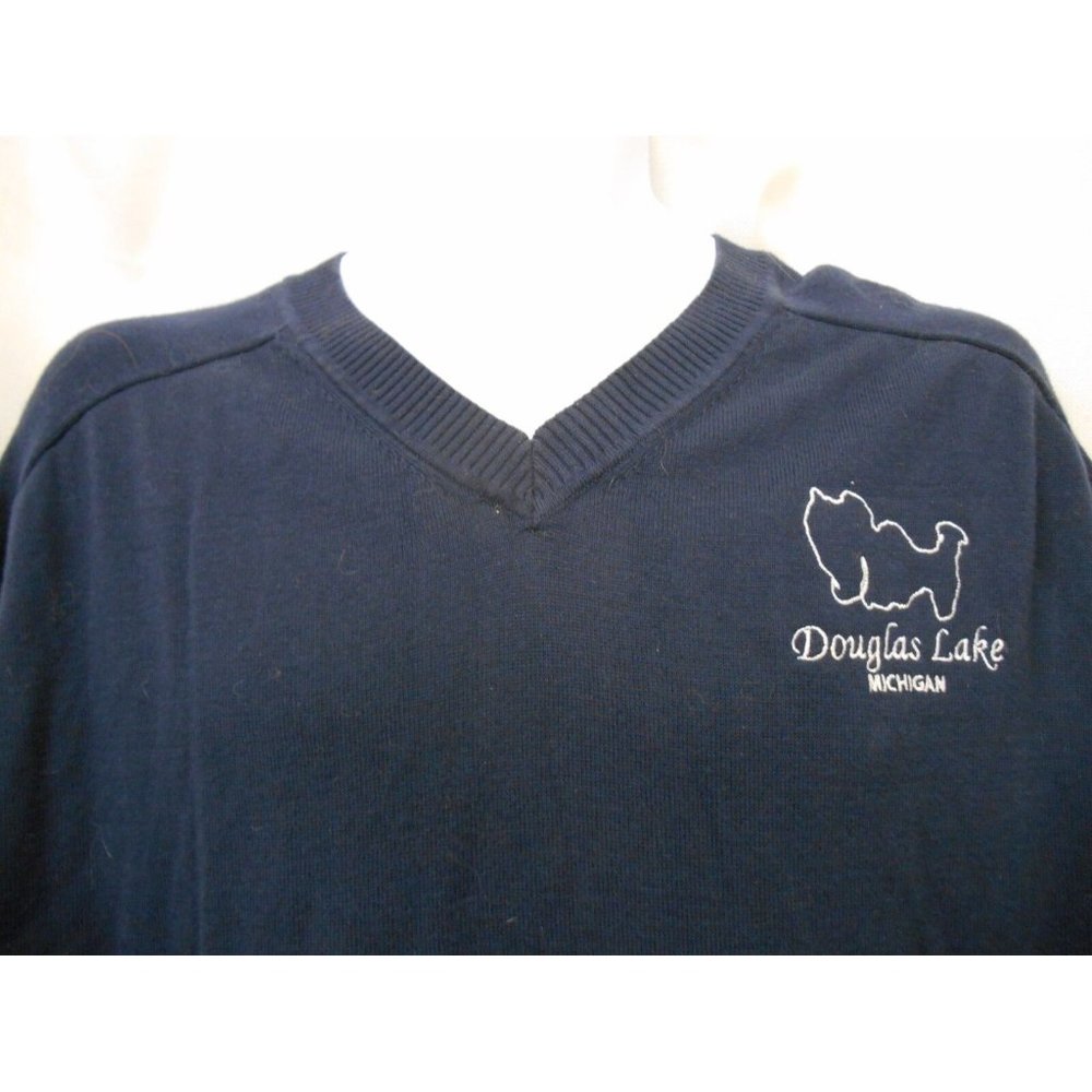 Douglas Lake MI Devon & Jones Navy Blue Men's V-Neck Sweater embroidered XXL L/S